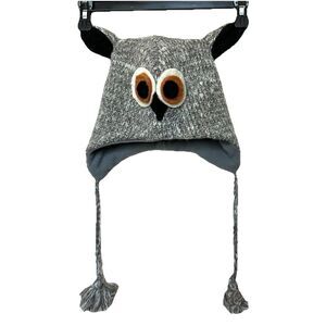 Owl Beanie Hat Gray Wool Fleece Lined Tassels Adult One Size